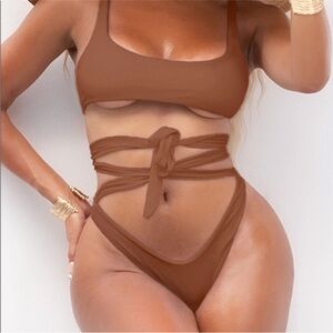 Matte Swim Collection Dorian Wrap Bikini Top and Bottom Set Mocha Brown